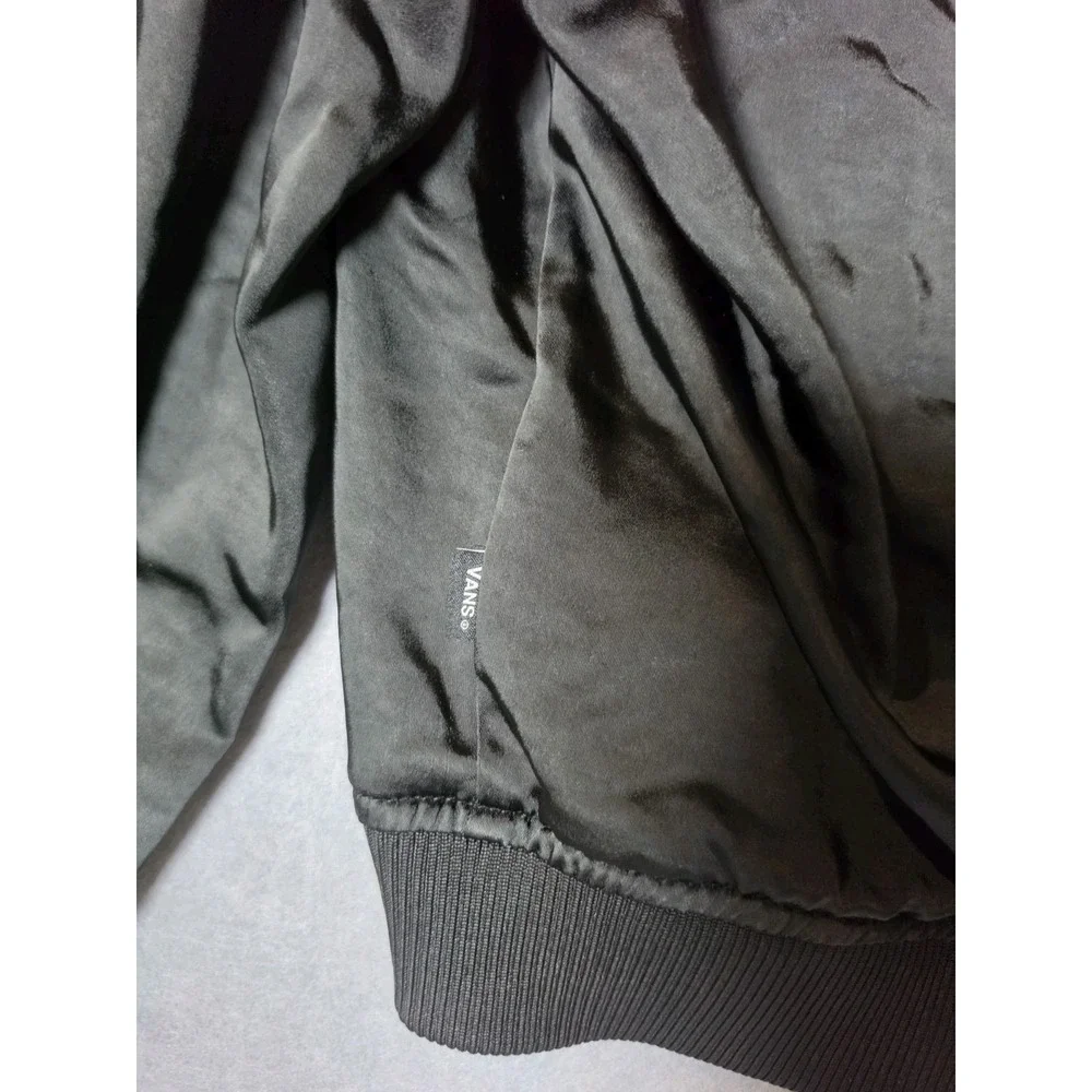Vans Bomber Jacket Womens Medium Blac Satin Full Zip Embroidered Logo Streetwear